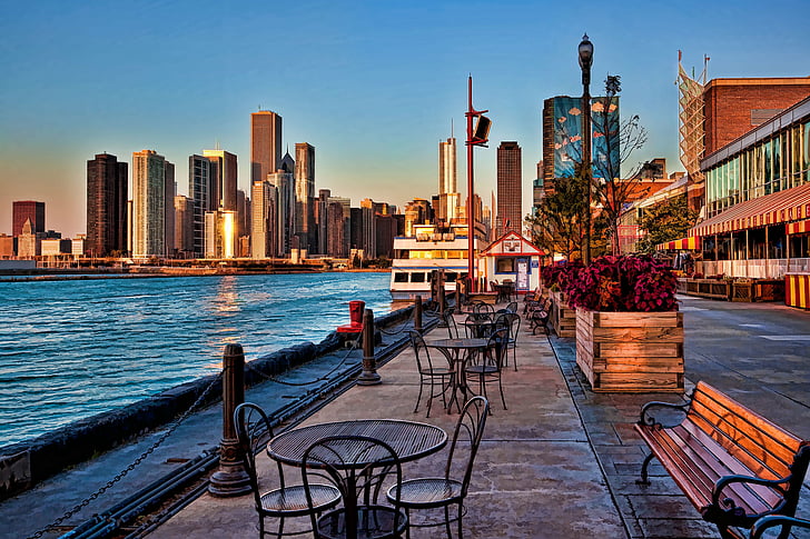 chicago, navy, pier, sunrise, HD wallpaper