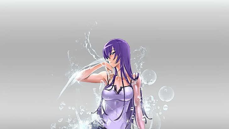 illustration de personnage anime femme aux cheveux violets, filles anime, lycée des morts, Busujima Saeko, anime, gros seins, bulles, cheveux violets, fond simple, Fond d'écran HD