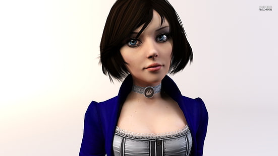 شخصية أنمي أنثى ذات شعر أسود ، BioShock ، BioShock Infinite ، ألعاب فيديو ، ثلاثية الأبعاد ، عيون زرقاء ، امرأة سمراء ، إليزابيث (BioShock)، خلفية HD HD wallpaper