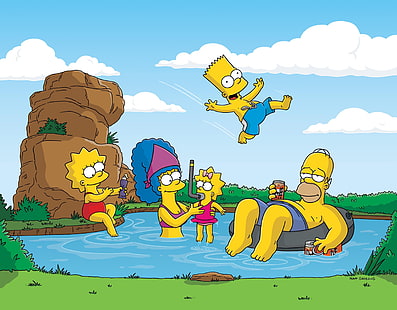 Os Simpson na praia, natureza, ficar, os simpsons, Homer, Bart, Maggie, Marge, Lisa, HD papel de parede HD wallpaper