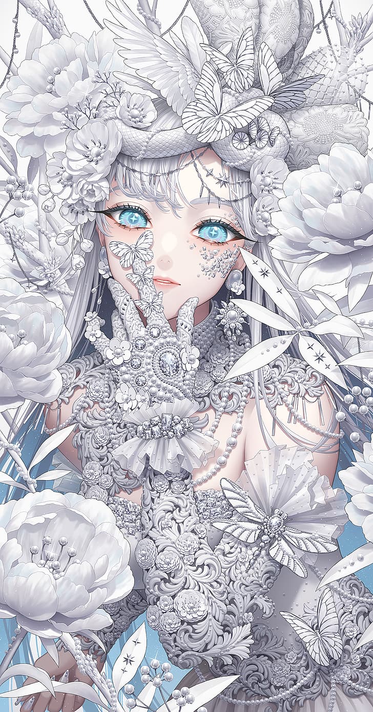 Minami, portrait display, white clothing, animals, light blue eyes, butterfly, white flowers, white hair, long hair, looking at viewer, hair ornament, gloves, white gloves, earring, snake, pearl earrings, pearl bracelet, jewelry, white dress, white nails, pearl necklace, flowers, parted lips, aqua eyes, dress, anime girls, HD wallpaper