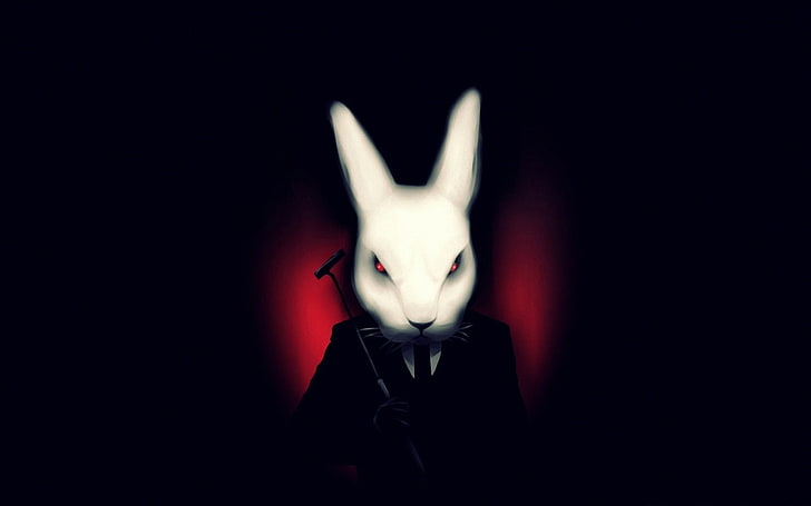 분노 토끼-검은 예술적 HD 배경 화면, 흰 토끼 마스크, HD 배경 화면