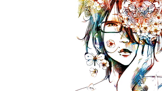 аниме девушки, очки, манга, разноцветные, Оясуми Пунпун, произведение искусства, HD обои HD wallpaper