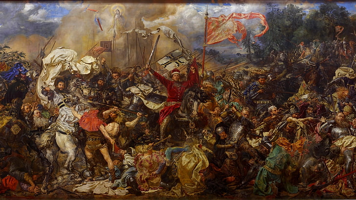 lukisan abstrak coklat dan hitam, perang, Jan Matejko, Pertempuran Grunwald, seni klasik, Polandia, Lituania, Teutonic Order, Wallpaper HD