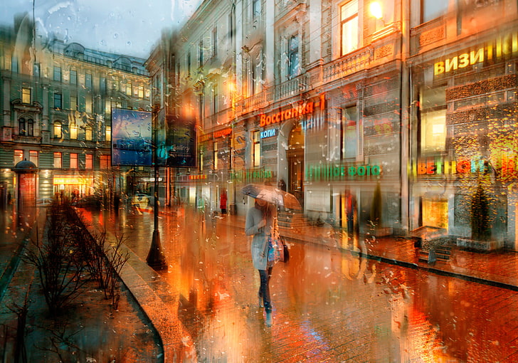 woman walking and holding umbrella illustration, drops, rain, Saint Petersburg, HD wallpaper