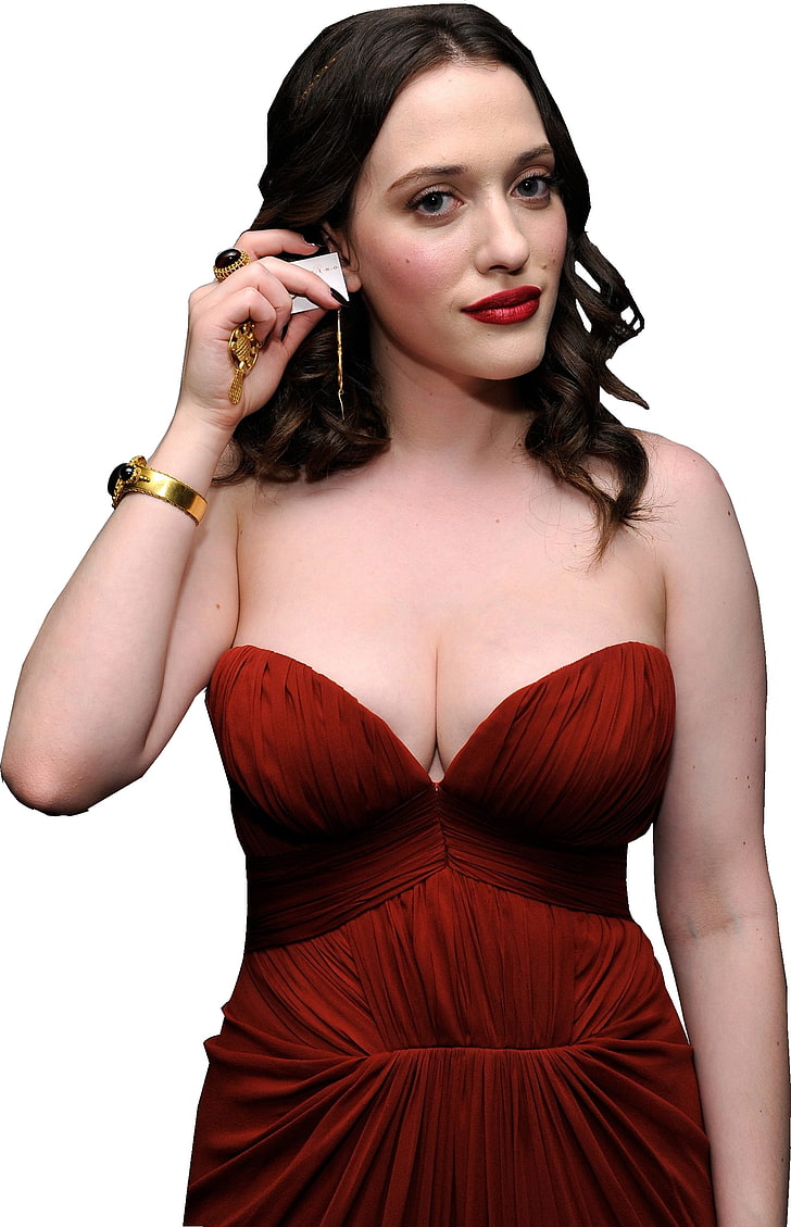 women's red strapless dress, Kat Dennings, transparent background, strapless dress, women, red dress, red lipstick, looking at viewer, cleavage, boobs, big boobs, bare shoulders, curly hair, HD wallpaper