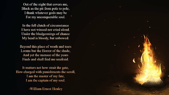 Уилям Ърнест Хенли Инвиктус поезия огън писане на текст, HD тапет HD wallpaper