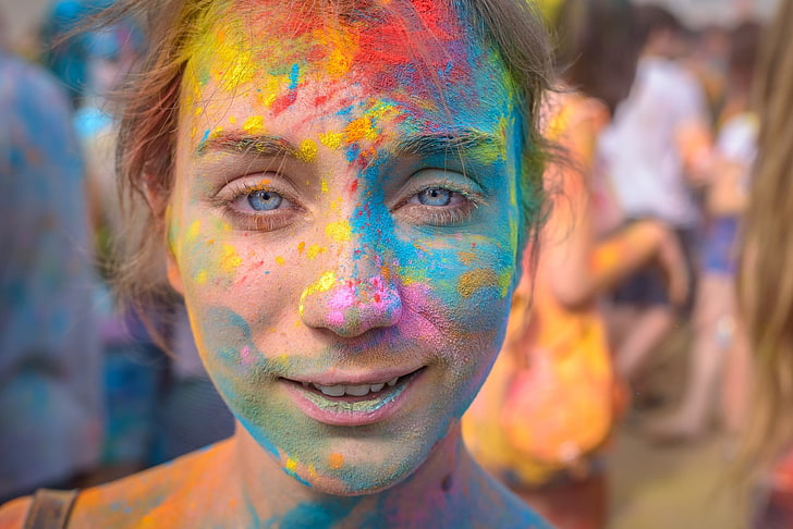 women, colorful, blue eyes, dust, looking at viewer, event, holi festival , women outdoors, face, portrait, HD wallpaper
