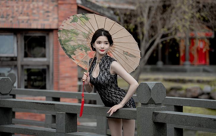 Asian, model, women, long hair, dark hair, Japanese umbrella, HD wallpaper