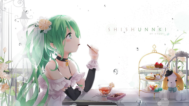 Vocaloid, Hatsune Miku, rambut hijau, permen, mata hijau, Wallpaper HD