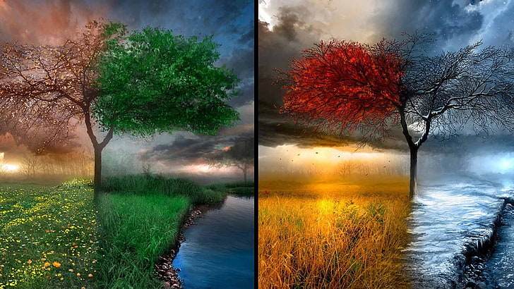 Jahreszeiten, digitale Kunst, Natur, Zeichnung, HD-Hintergrundbild