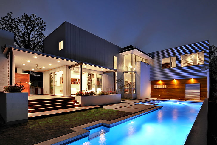 biały betonowy dom, dom, styl, basen, dom, nowoczesny, zewnętrzny, basen., Tapety HD
