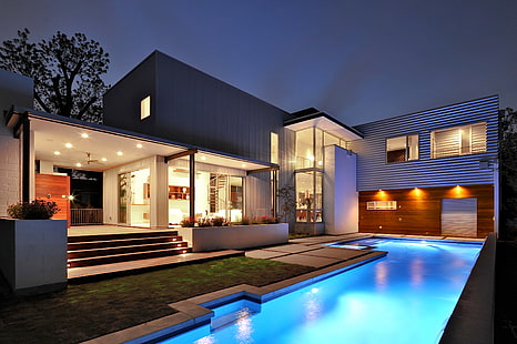 biały betonowy dom, dom, styl, basen, dom, nowoczesny, zewnętrzny, basen., Tapety HD HD wallpaper