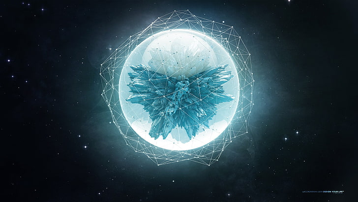 blue and gray moon digital wallpaper, shallow photography of blue and white illustration, abstract, Lacza, digital art, shapes, space, sphere, explosion, stars, wireframe, space art, low poly, cyan, HD wallpaper