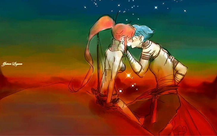 anime, couple, gurren, kamina, kissing, lagann, littner, tengen, toppa, yoko, HD wallpaper
