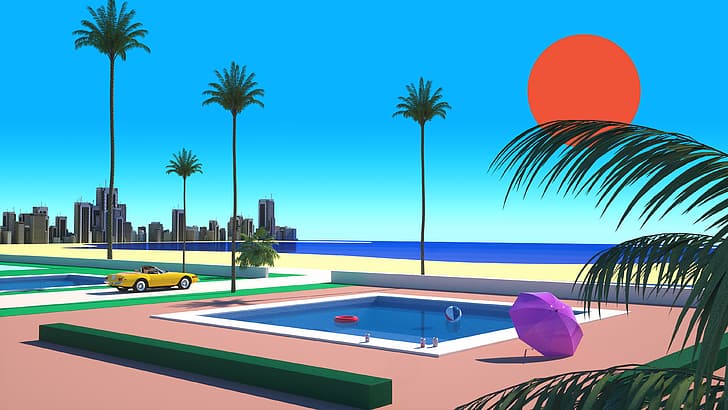 Trey Trimble, soleil rouge, palmiers, piscine, voiture, vaporwave, Fond d'écran HD