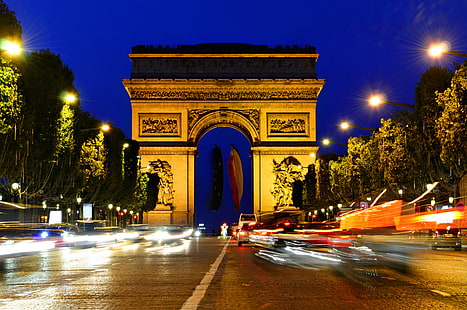 Триумфальная арка, Париж, ночь, огни, Париж, Елисейские поля, HD обои HD wallpaper