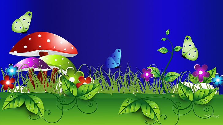 Bright Beautiful Summer, toadstools, mushrooms, bright, grass, flowers, spring, colorful, summer, butterflies, nature and landsc, HD wallpaper