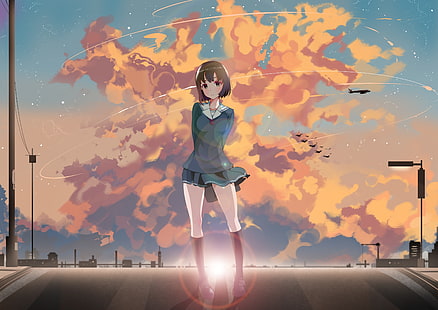 женски аниме герой, носещ училищна униформа, училищна униформа, залез, облаци, Katou Megumi, Saenai Heroine no Sodatekata, HD тапет HD wallpaper