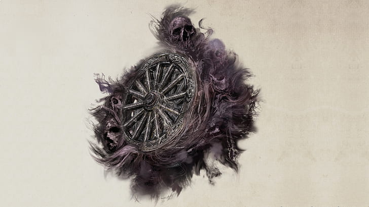 creepy, smoke, death, skull, simple background, blurred, wheels, Bloodborne, wood, digital art, HD wallpaper