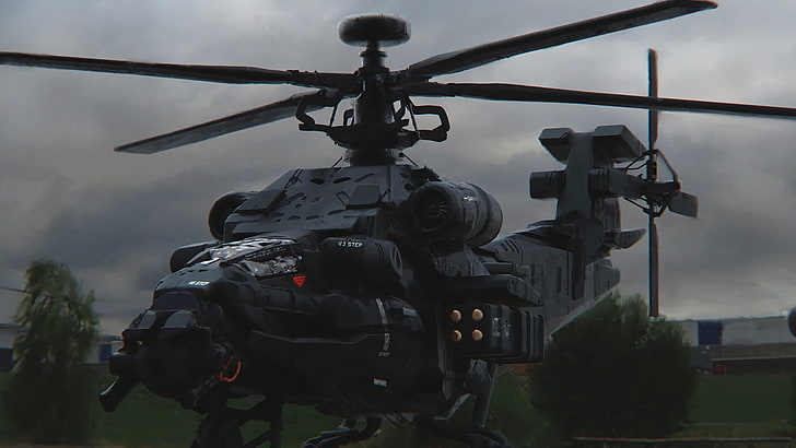 black helicopter, digital art, helicopters, HD wallpaper