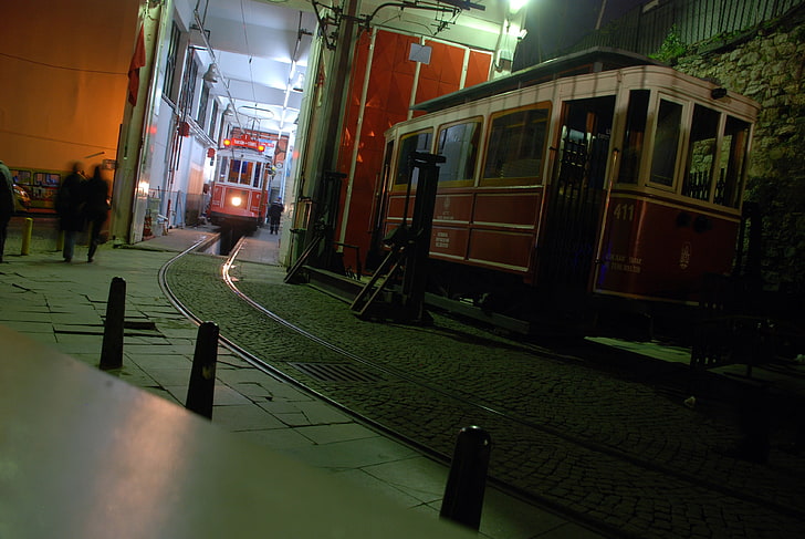 white and red train parking on railroad near wall, Istanbul, Turkey, tünel, railway, tram, vehicle, HD wallpaper