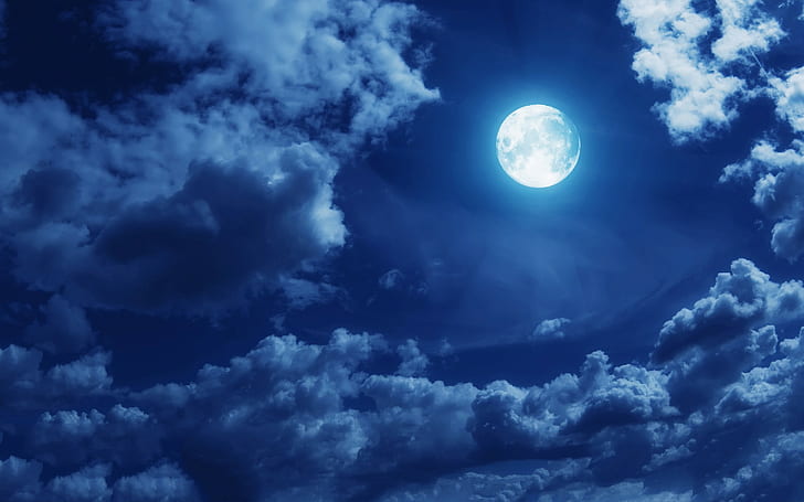 нощ, Луна, небе, лунна светлина, облаци, HD тапет