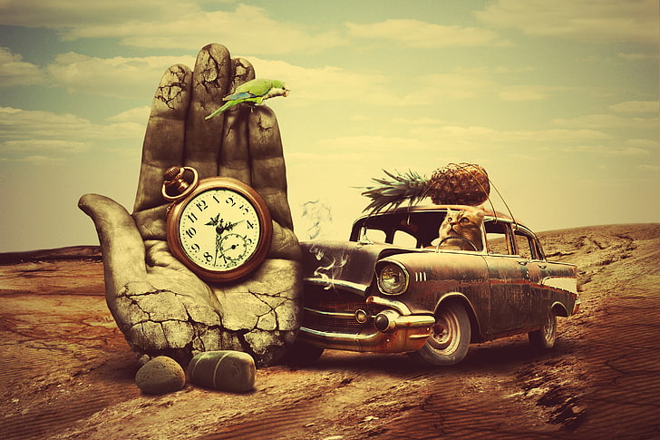 abacaxi no carro e mão com relógio de bolso pintura criativa, mão, surrealismo, carro, relógio, abacaxi, gato, HD papel de parede