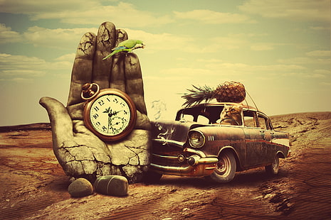pineapple on car and hand with pocket watch painting, creative, hand, surrealism, car, clock, pineapple, cat, HD wallpaper HD wallpaper