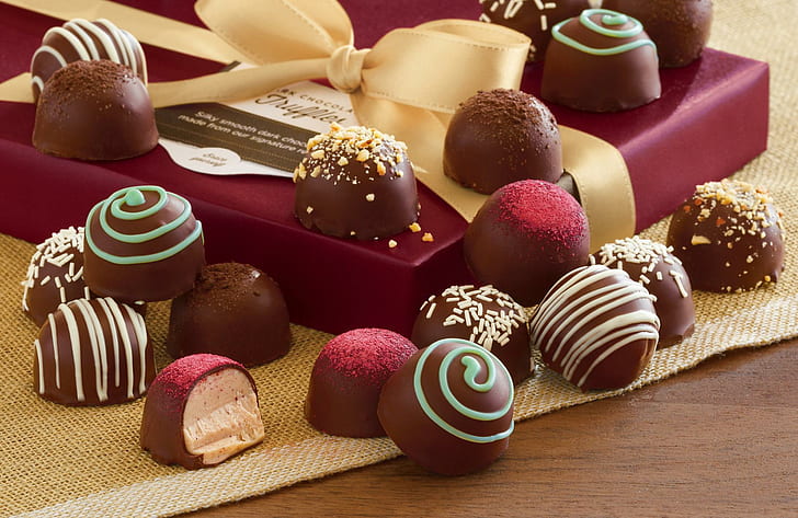 Doces, doces, fita, dia especial, doces, presente, presente, chocolate, sobremesa, HD papel de parede