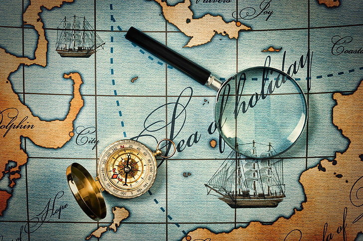 gold-colored compass, Islands, the way, magnifier, journey, compass, sea, continents, travel, wallpaper., ships, routes, ancient map, my planet, loupe, HD wallpaper
