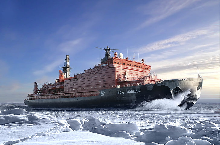 barco negro y rojo, invierno, mar, nieve, tablero, hielo, el barco, Rusia, 50 años de victoria, sobre la marcha, 10521, Atomflot, rompehielos de propulsión nuclear, Fondo de pantalla HD