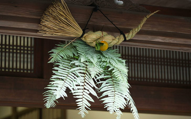 Традиционная декорация из веревки, декор с зелеными листьями, фотография, 1920x1200, декорация, папоротник, веревка, HD обои