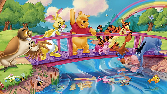 Puente Río Pescado Dibujos Animados Winnie The Pooh Búho Conejo Eeyore Y Tigger Fondo De Pantalla Hd 1920 × 1200, Fondo de pantalla HD HD wallpaper