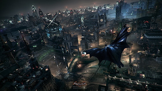Papel de parede de Batman, Batman: Arkham Knight, Rocksteady Studios, Batman, Gotham City, videogames, olhando para longe, HD papel de parede HD wallpaper