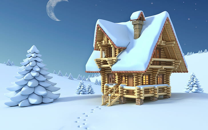 Дом Зимний мультфильм, зима, природа, дом, мультфильм, HD обои