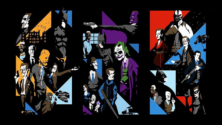 Плакат Бэтмена, Бэтмен, Джокер, Пугало (персонаж), Двуликий, Бэйн, Женщина-кошка, Бэтмен начинается, Темный рыцарь, Восстание Темного рыцаря, Хит Леджер, фильмы, видеоигры, коллаж, HD обои