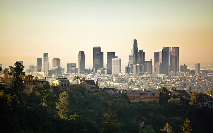 городские цифровые обои, серое высотное здание, лос-анджелес, городской пейзаж, сша, HD обои