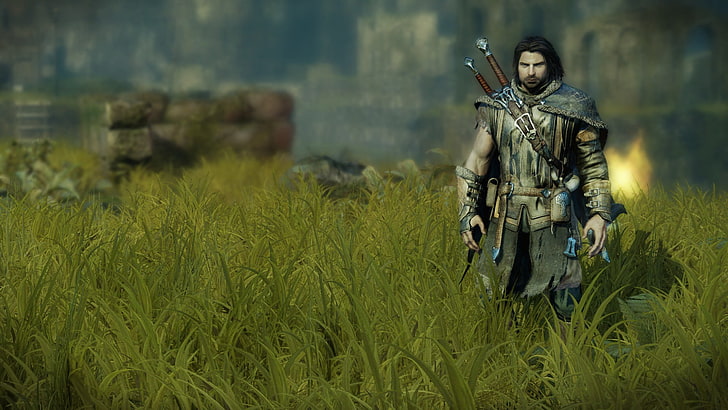 человек в серых доспехах, стоящий на зеленой траве, Средиземье: Тень Мордора, Талион, видеоигры, HD обои