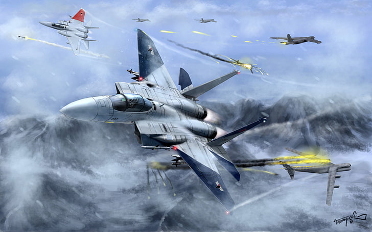иллюстрация серого самолета, снег, полёт, горы, огонь, искусство, самолёты, истребители, битва, боевые тузы, в небе, HD обои