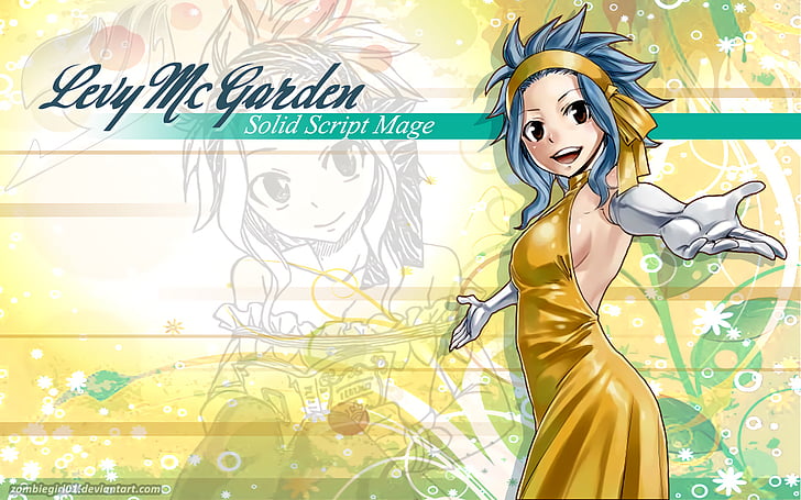 Anime, Fairy Tail, Blaues Haar, Braune Augen, Kleid, Mädchen, Handschuh, Stirnband, Levy McGarden, Lächeln, Gelbes Kleid, HD-Hintergrundbild