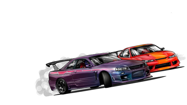 автомобили фиолетового и оранжевого цвета, гоночные автомобили, GT-R, Nissan Skyline R34, HD обои
