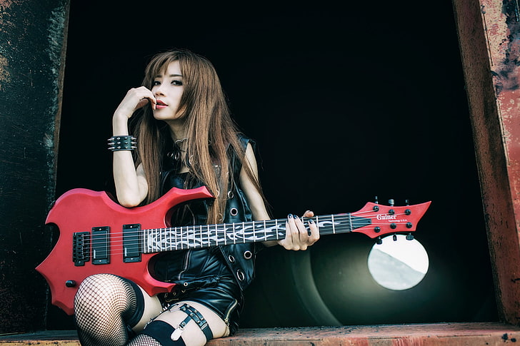 Asiático, mujer, instrumento musical, guitarra, liguero, Fondo de pantalla HD