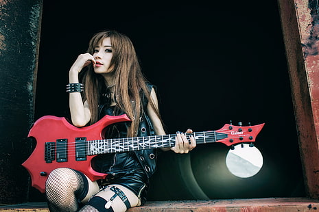 Asiático, mujer, instrumento musical, guitarra, liguero, Fondo de pantalla HD HD wallpaper