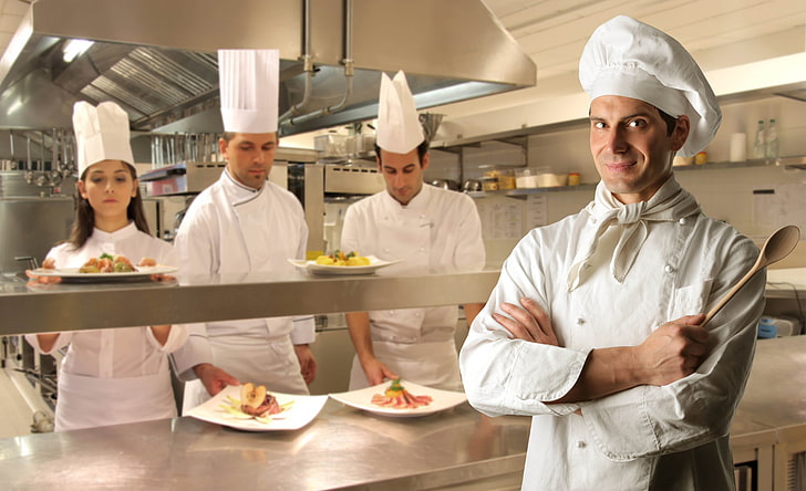 Männer weiße Kochuniform, Koch, Vorarbeiter, Küche, Geschirr, HD-Hintergrundbild