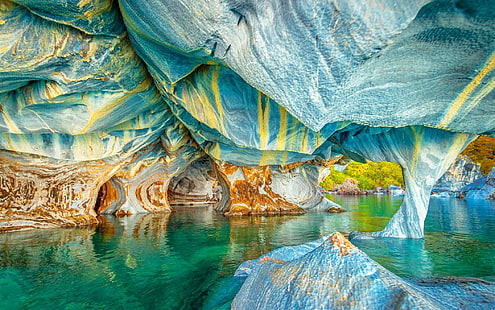 natureza paisagem lago caverna chile colorido água erosão rocha formação rochosa, HD papel de parede HD wallpaper