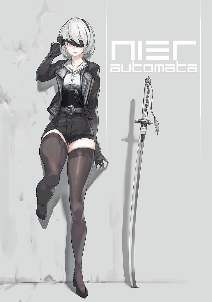 yorha no.2 Typ b, Augenklappe, kurzes Haar, nier: Automaten, Schwert, Anime-Stil, Anime, HD-Hintergrundbild, Handy-Hintergrundbild