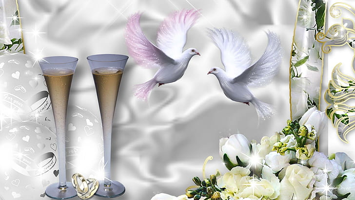 Celebration Of Love, firefox persona, roses, dove, bubbly, white satin, white, flowers, birds, champagne, wedding rings, HD wallpaper