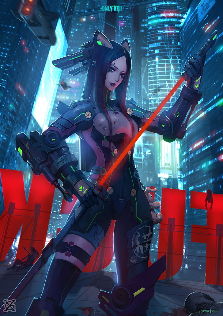 Frau hält Schwert Anime Illustration, Anime Mädchen, Cyberpunk, Krieger, HD-Hintergrundbild, Handy-Hintergrundbild