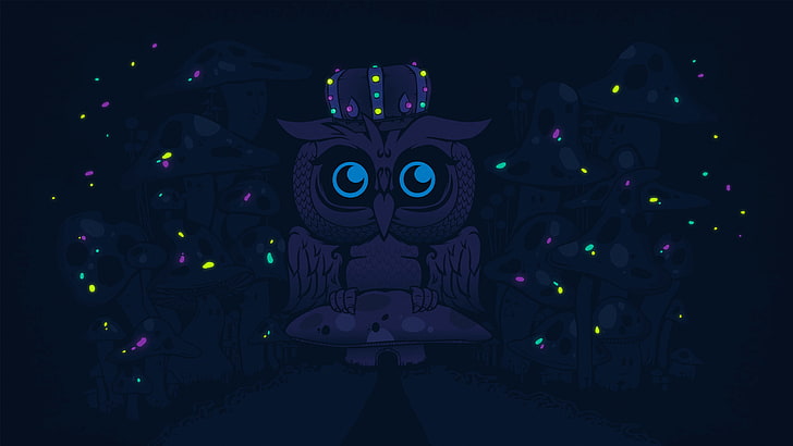 gray owl illustration, owl, figure, mushrooms, vector, crown, HD wallpaper